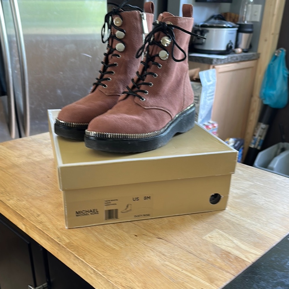 Michael Kors Brown Combat Moto Boots Lace-Up Design